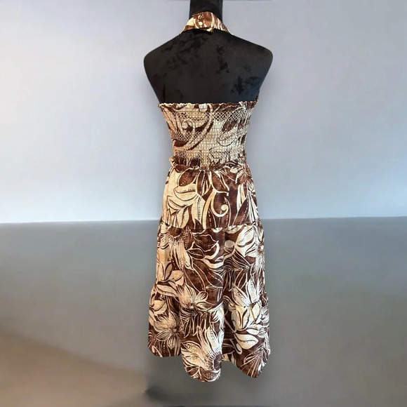 Sam Edelman SMOCKED SLIT-FRONT HALTER MIDI DRESS floral beige and brown sz med - Picture 4 of 9